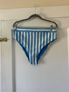 Blue and White Striped High-Waist Bikini Bottom